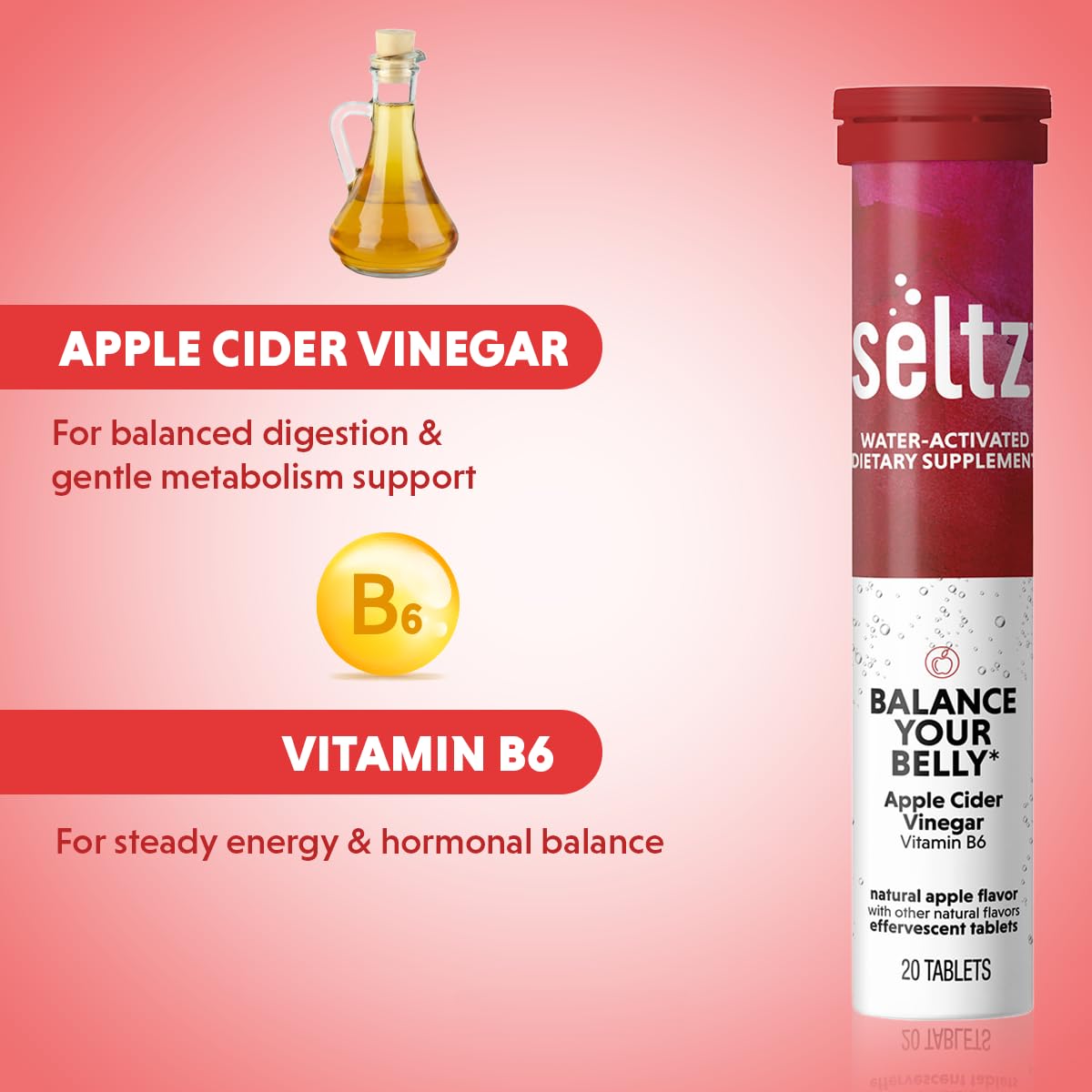 Close-up of Seltz Balance Your Belly label on bottle