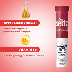 Close-up of Seltz Balance Your Belly label on bottle