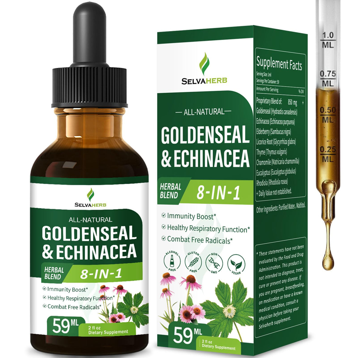 Front view of Selvaherb Goldenseal & Echinacea Drops bottle
