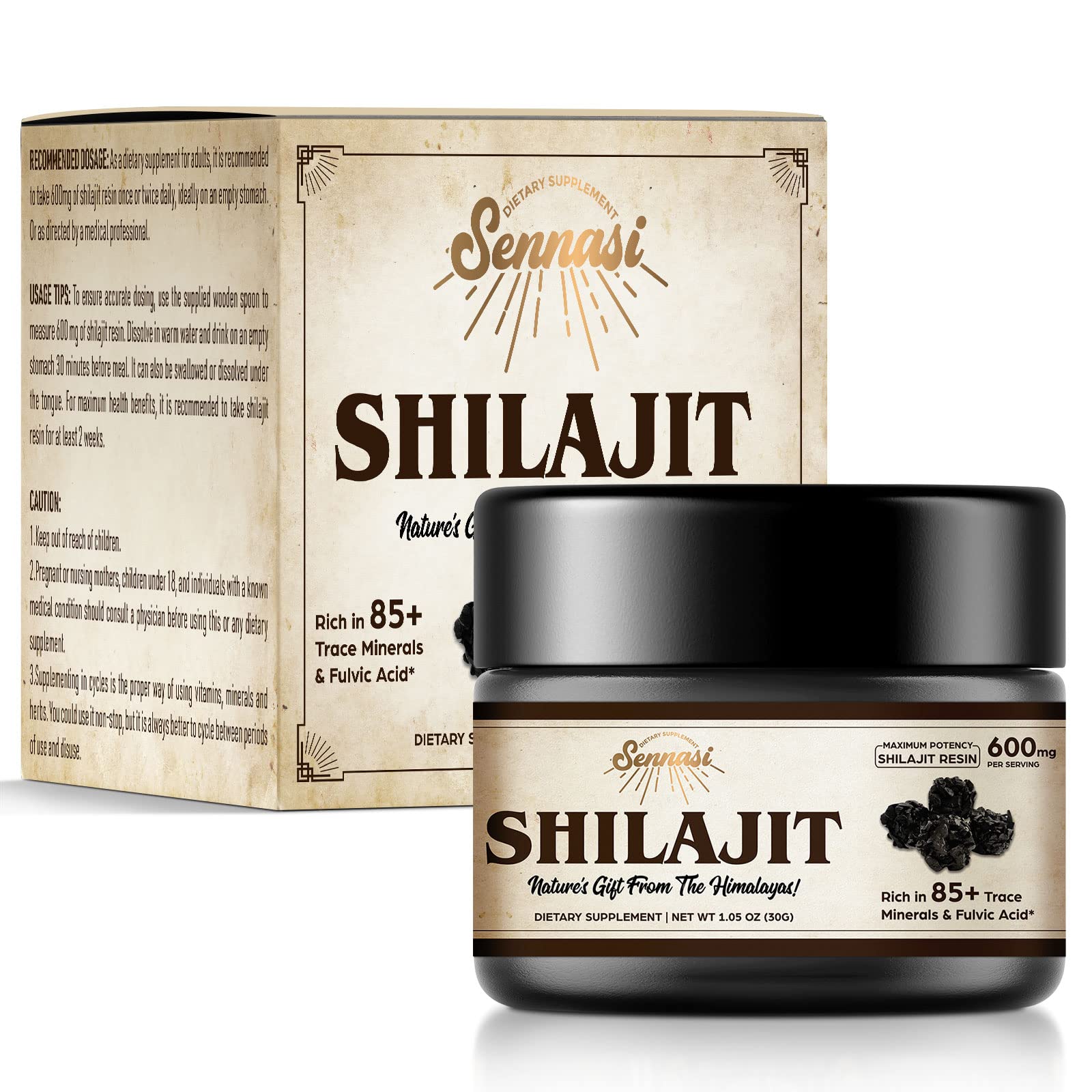 Sennasi Shilajit resin packaging for 30 g bottle
