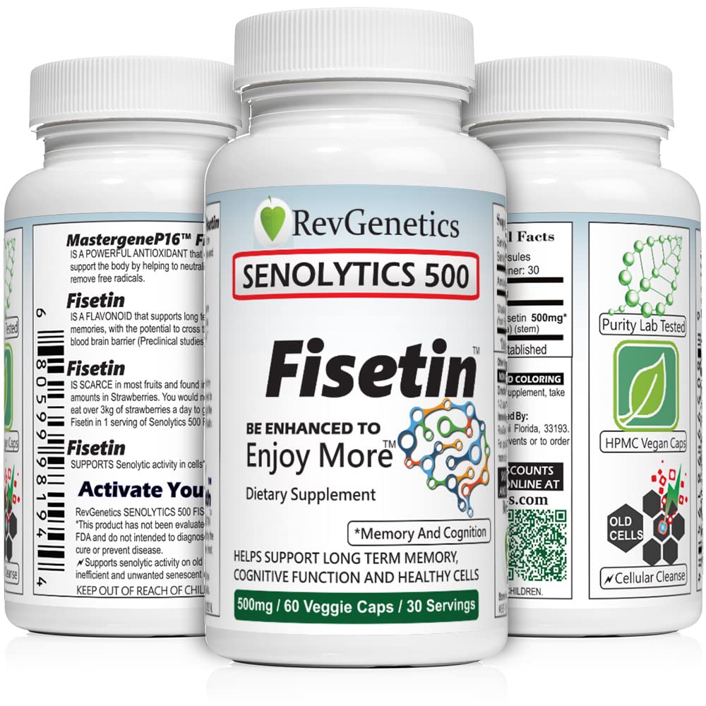Front view of SENOLYTICS 500 bottle showing Fisetin 500 mg