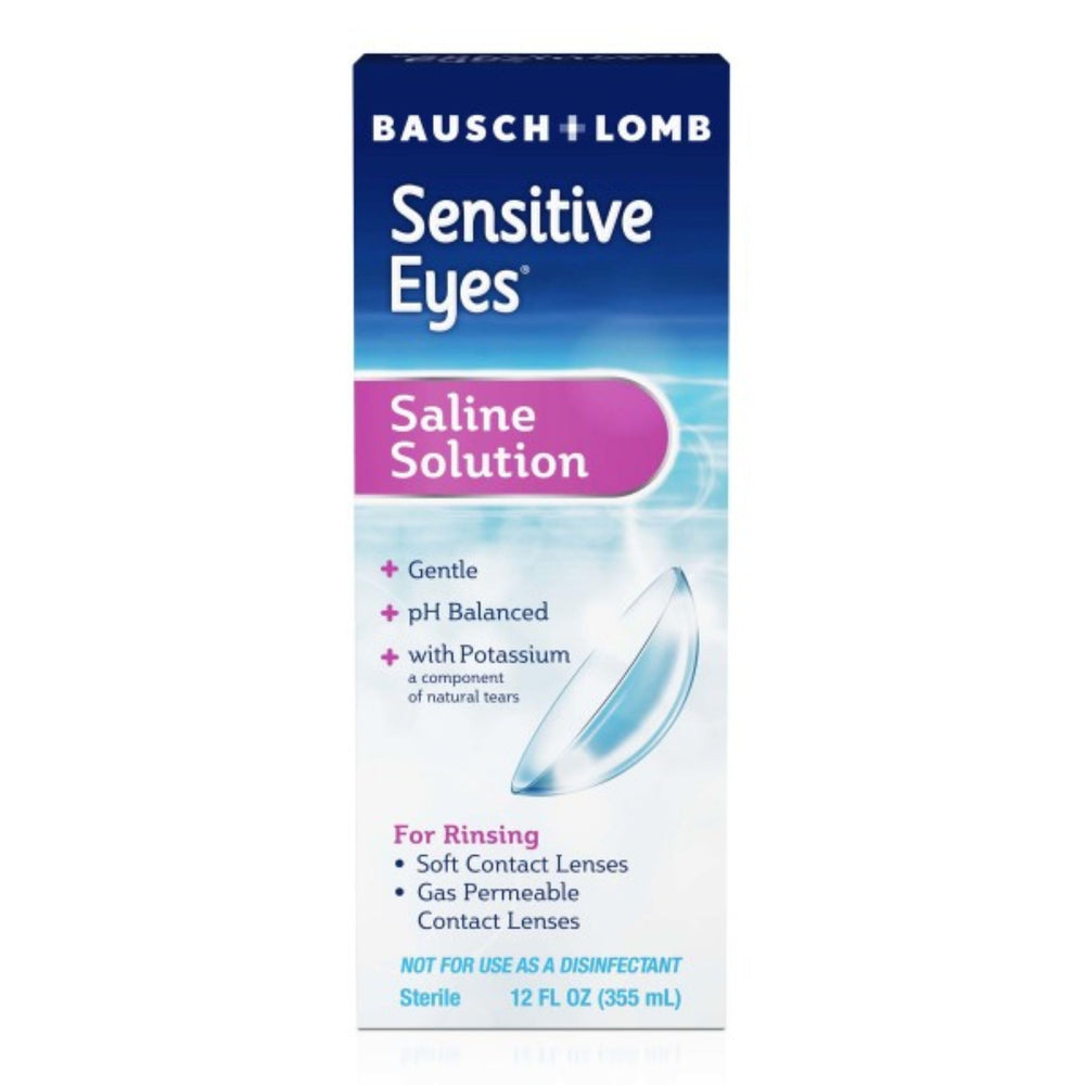 Front view of Sensitive Eyes Saline Solution bottle, 12 oz (355 mL)