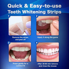 Whitening strips applied to upper teeth during use