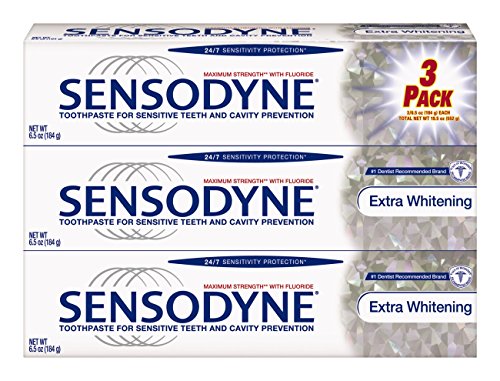 Three 6.5 oz Sensodyne toothpaste tubes together
