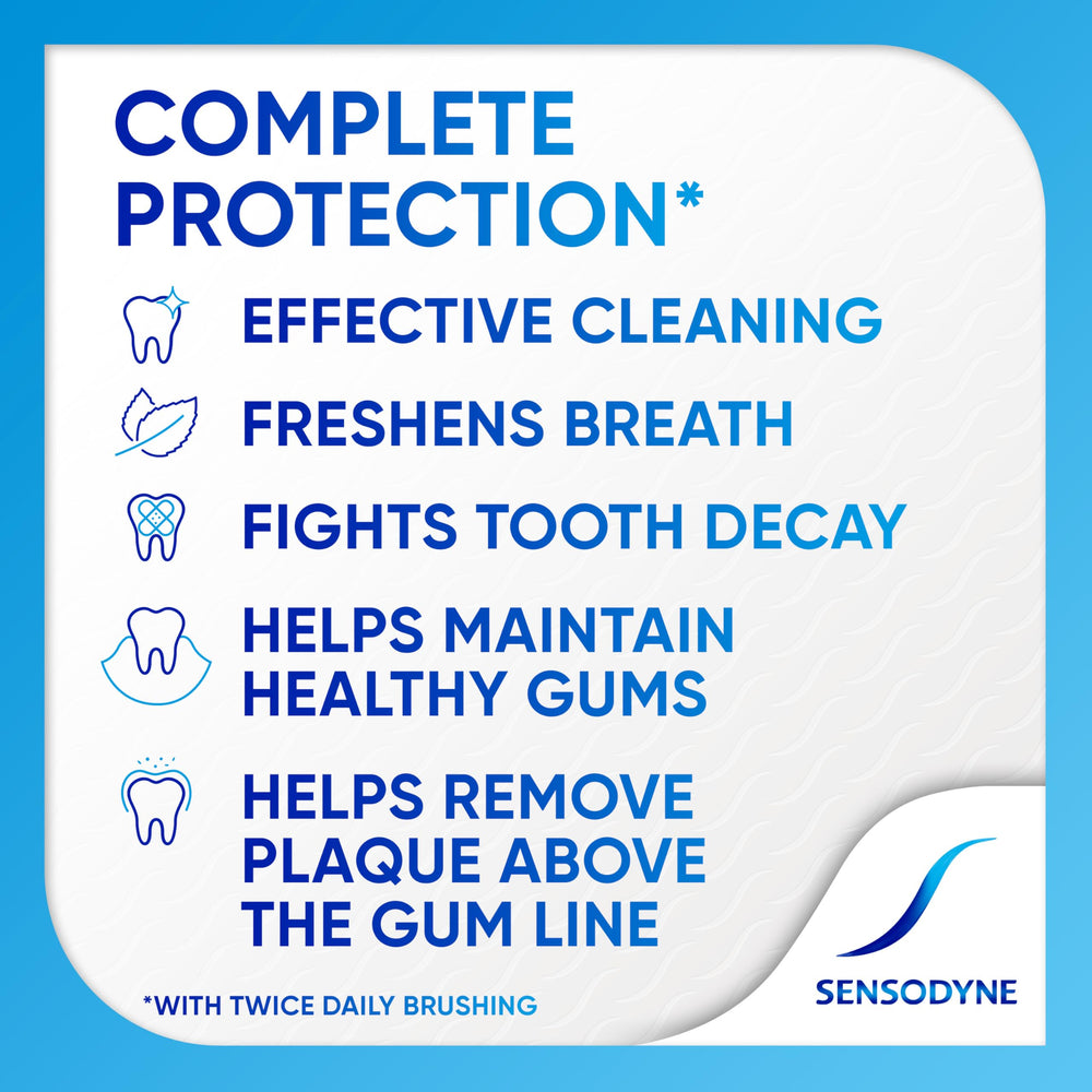 Enamel-strengthening Sensodyne toothpaste for sensitivity relief.