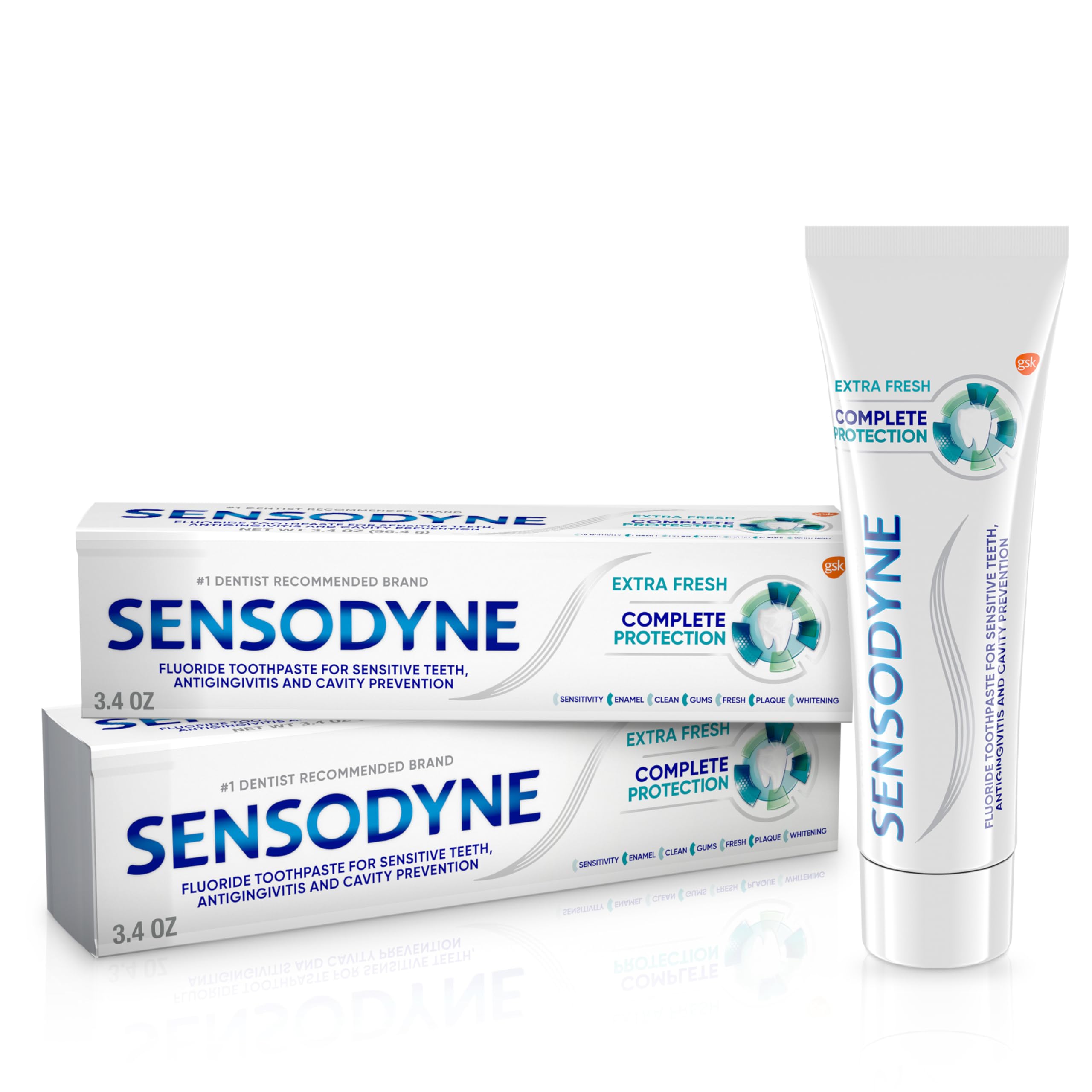 Two 3.4 oz tubes of Sensodyne Complete Protection Sensitive Toothpaste for gingivitis and sensitive teeth.