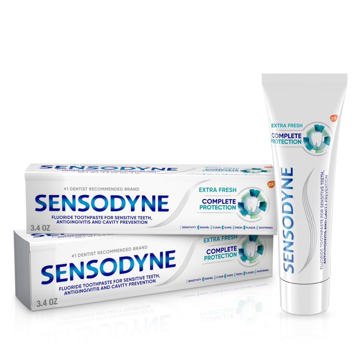 Two 3.4 oz tubes of Sensodyne Complete Protection Sensitive Toothpaste for gingivitis and sensitive teeth.