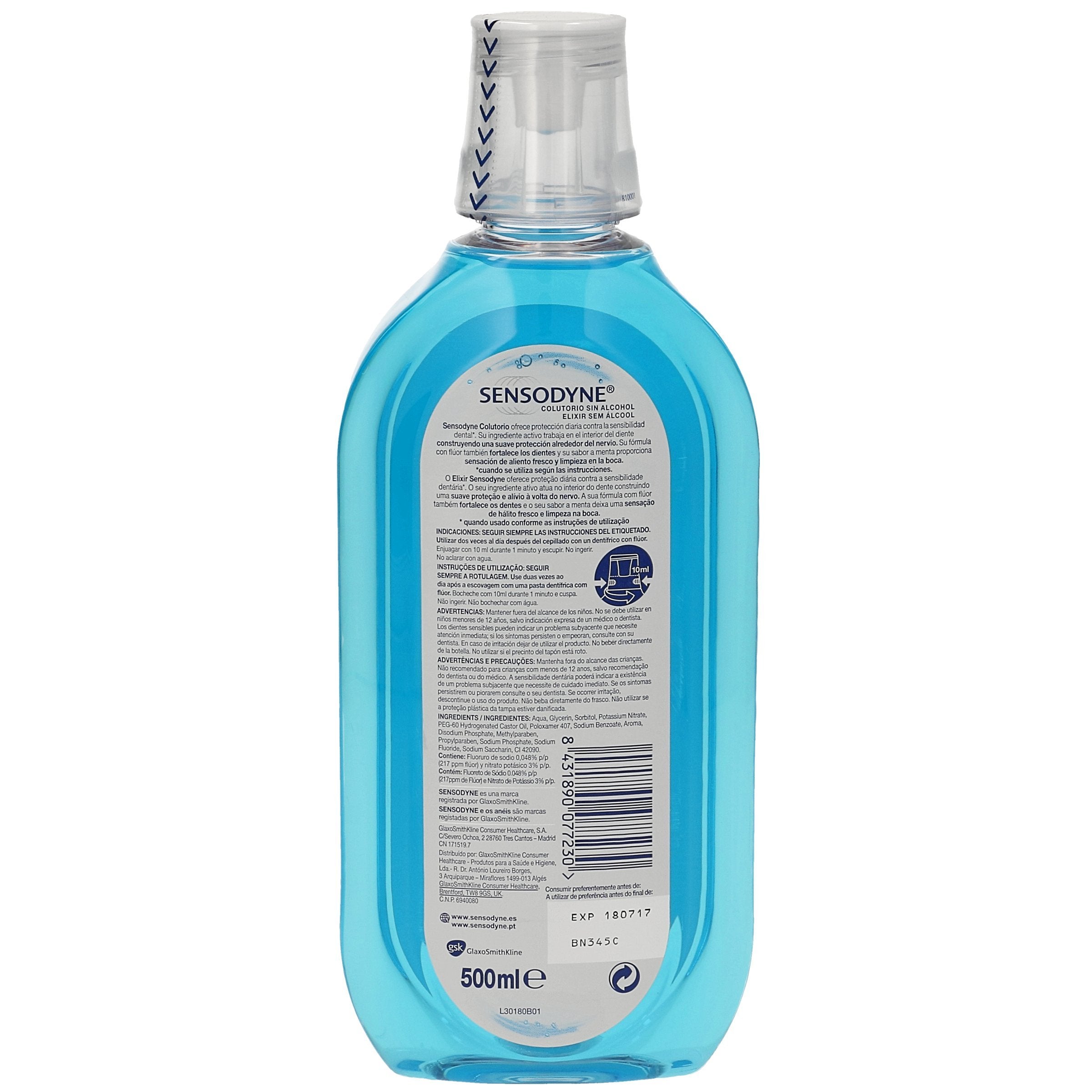 Sensodyne Enjuag 500 Cool Mint mouthwash bottle back with label