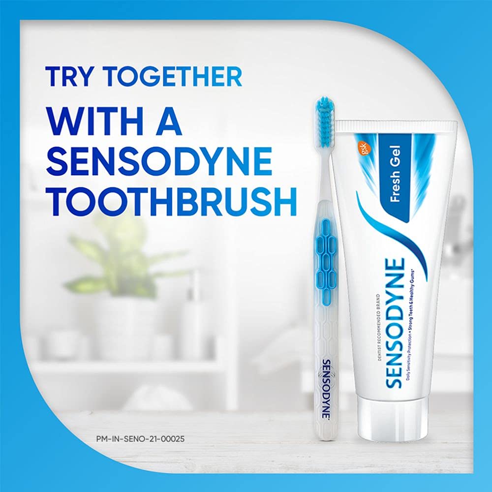 Usage illustration showing twice-daily brushing with Sensodyne