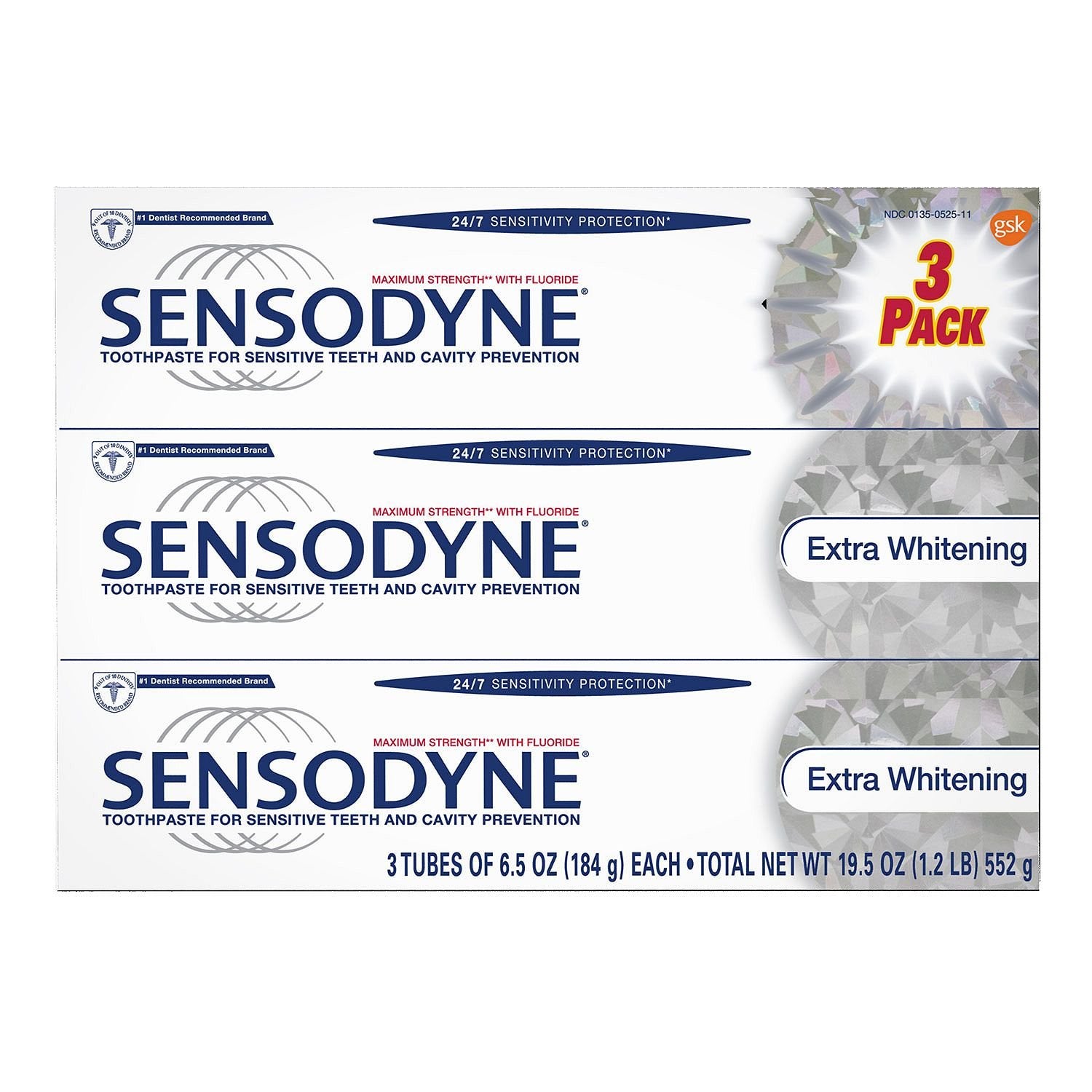 Sensodyne Extra Whitening toothpaste tube with 6.5 oz on white background