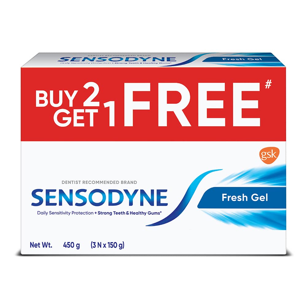 Front view of Sensodyne Fresh Gel Toothpaste Combo 3 x 150g pack
