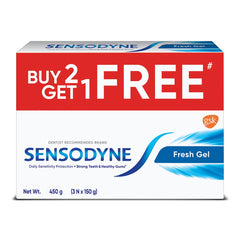 Front view of Sensodyne Fresh Gel Toothpaste Combo 3 x 150g pack