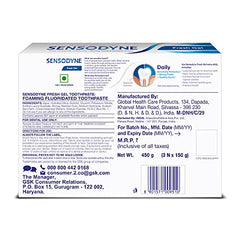 Three 150g Sensodyne Fresh Gel toothpaste tubes