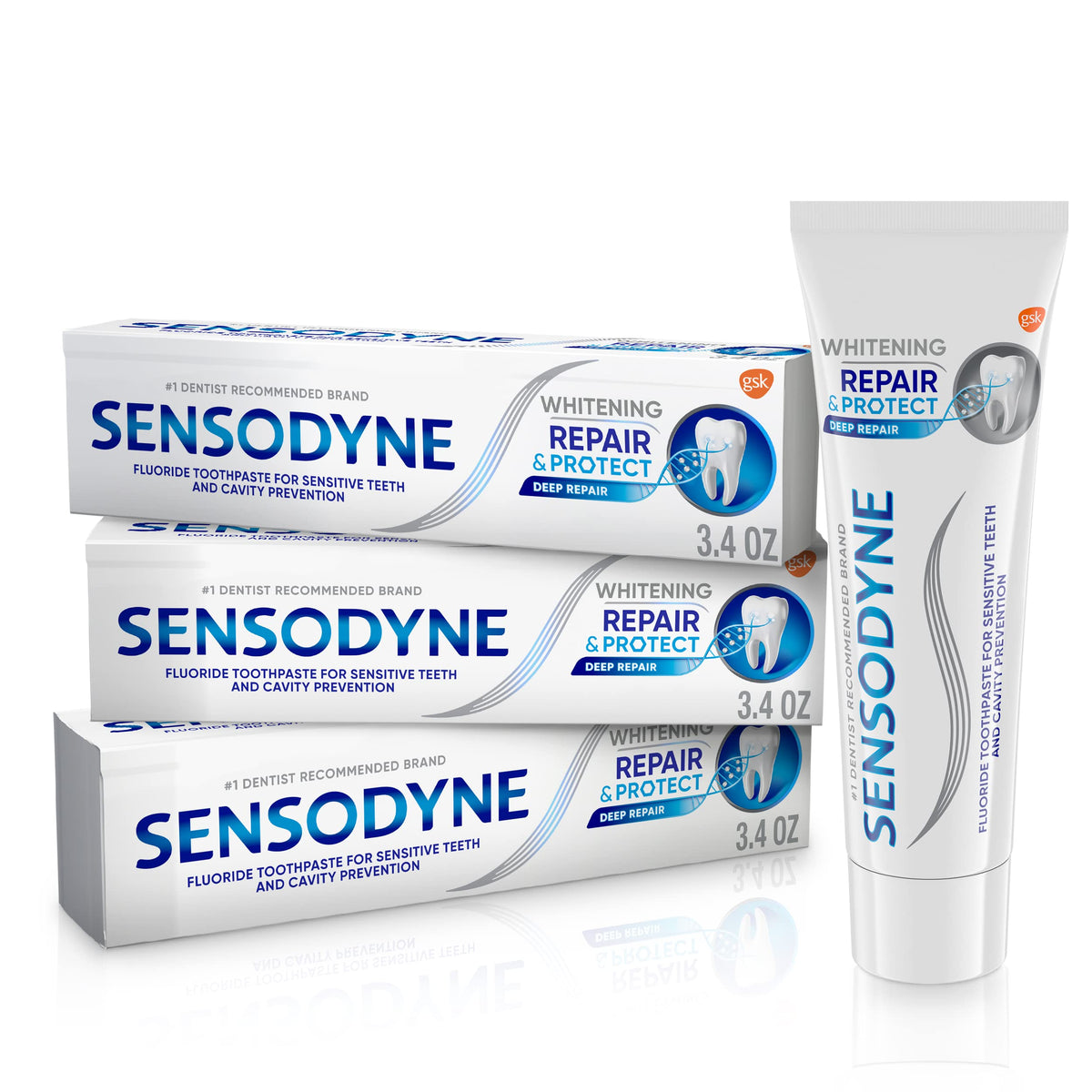 Pack of three Sensodyne Repair and Protect Whitening toothpaste tubes, 3.4 oz each