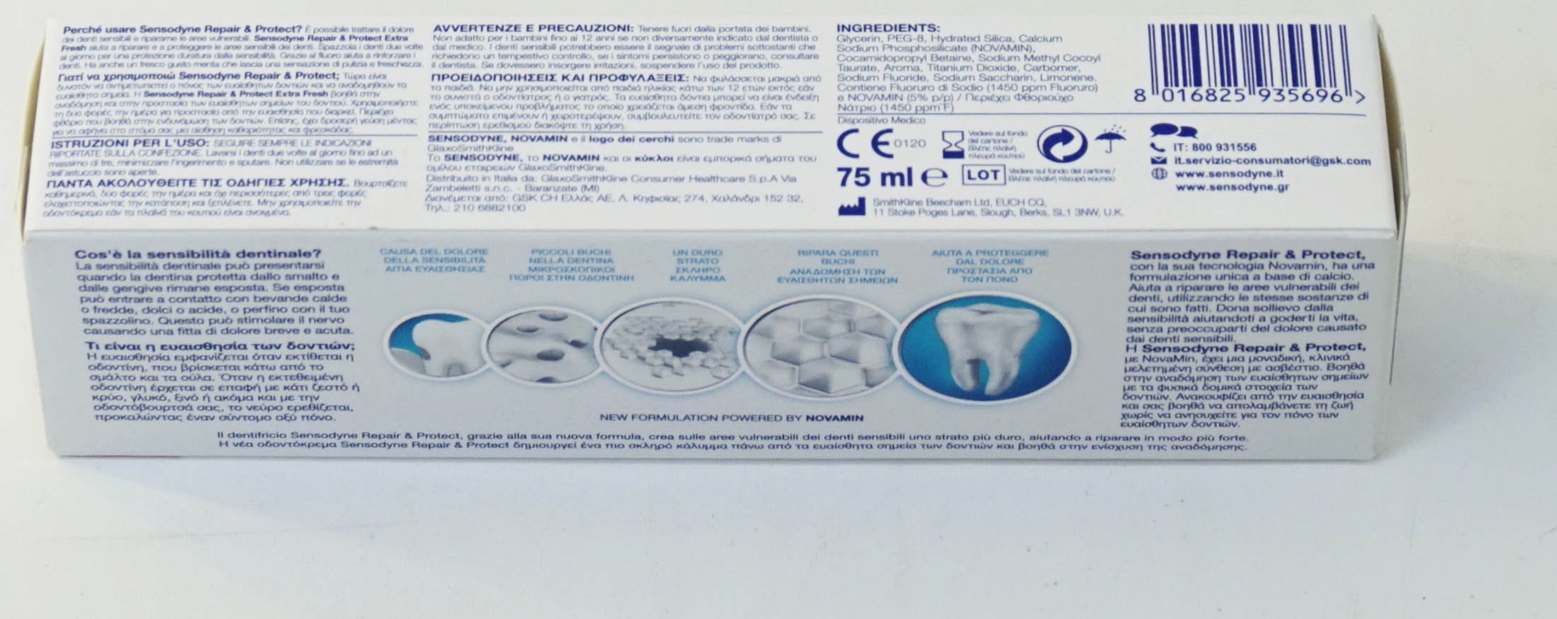 Front and packaging view of Sensodyne Repair & Protect Extra Fresh toothpaste Italian import
