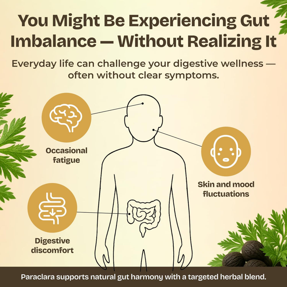 Serene Herbs Paraclara ingredient close-up highlighting wormwood and black walnut hull for digestive balance.