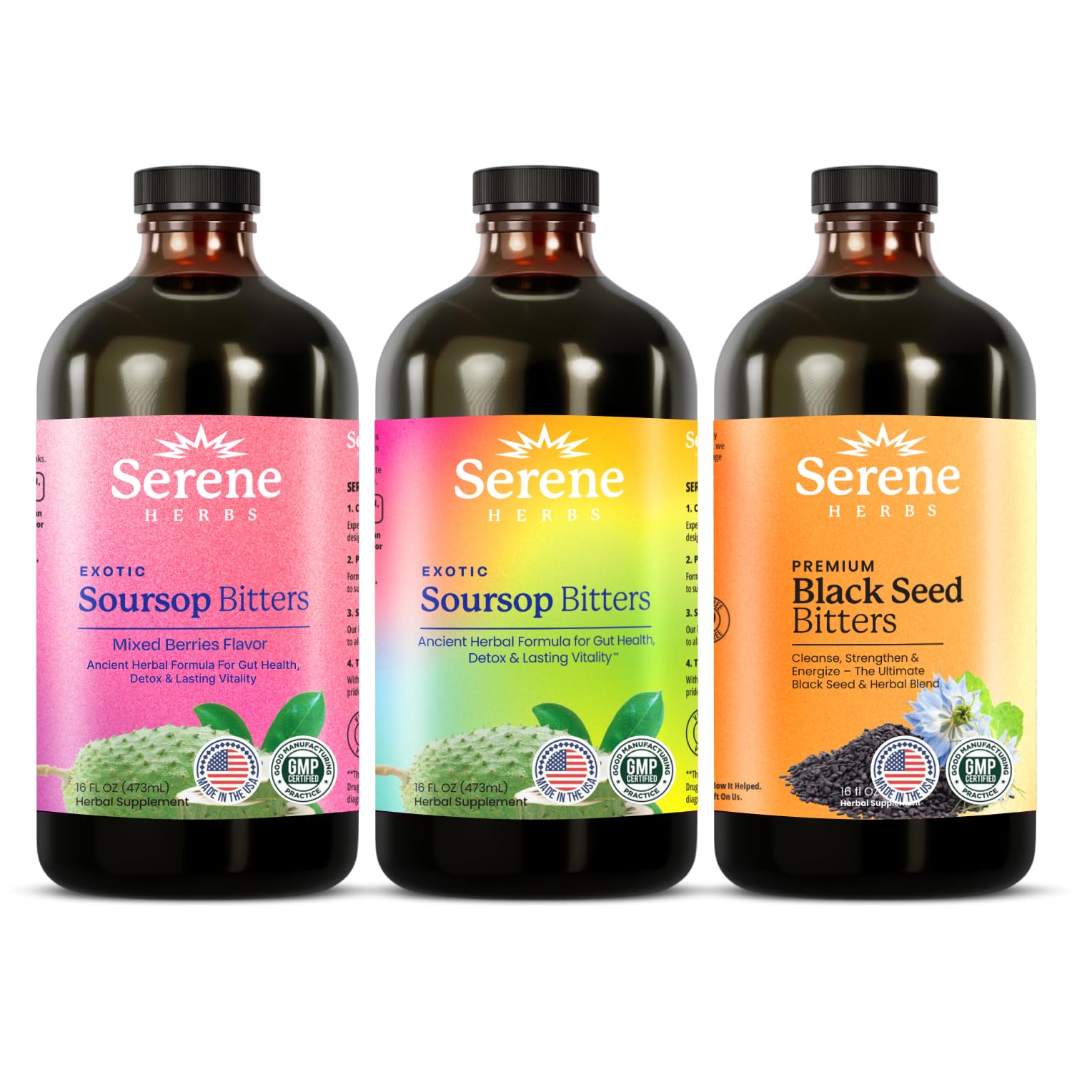 Three 16 oz Serene Herbs Soursop Bitters bottles in a 3-pack