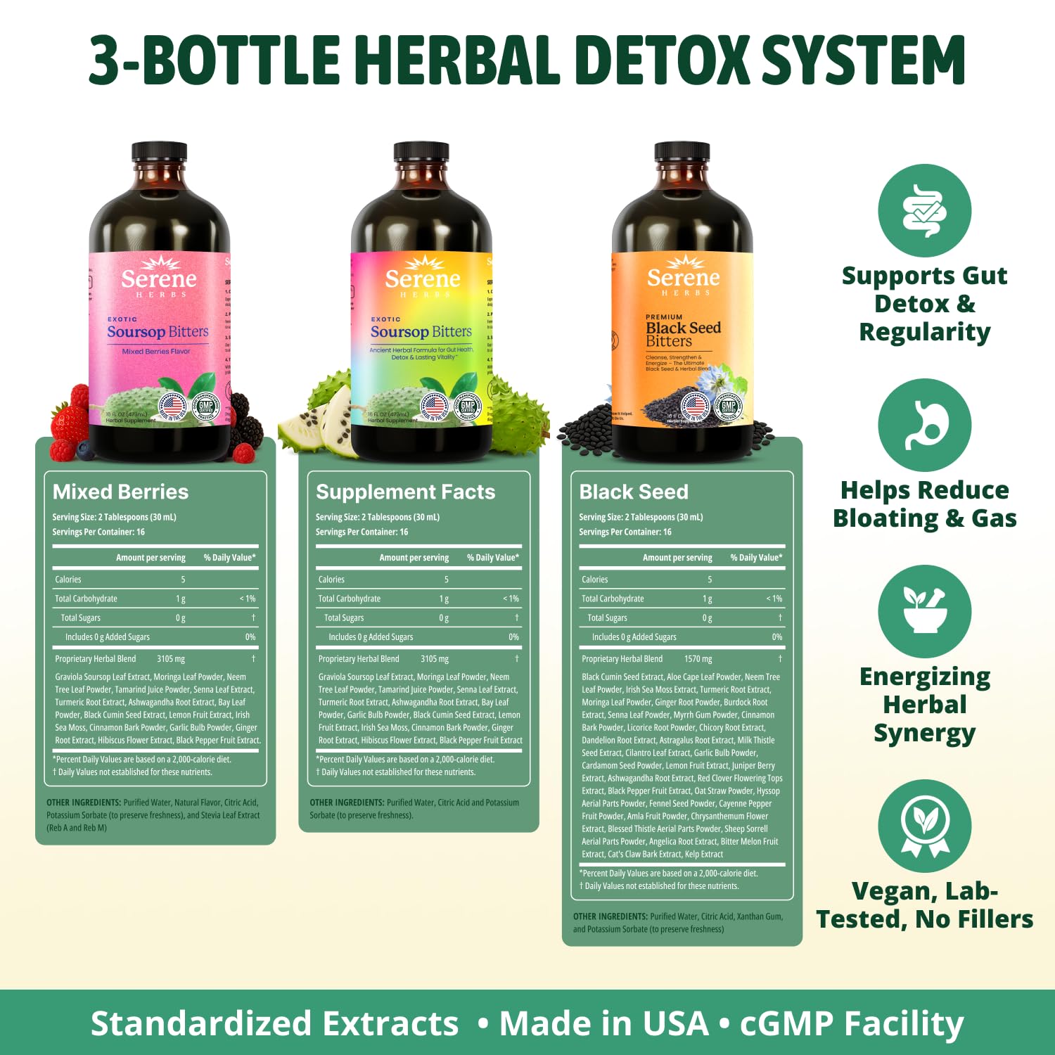 Close-up of organic guanabana soursop bitters with mixed berries and black seed