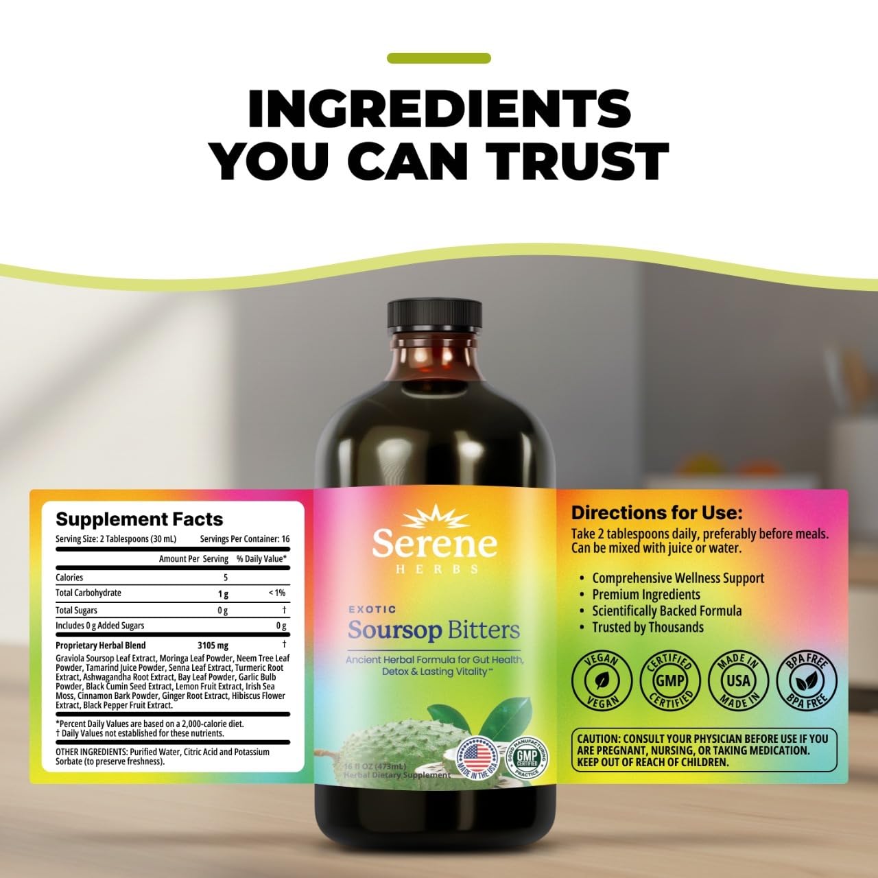 Lifestyle shot featuring Serene Herbs Soursop Bitters Liquid in a wellness setup