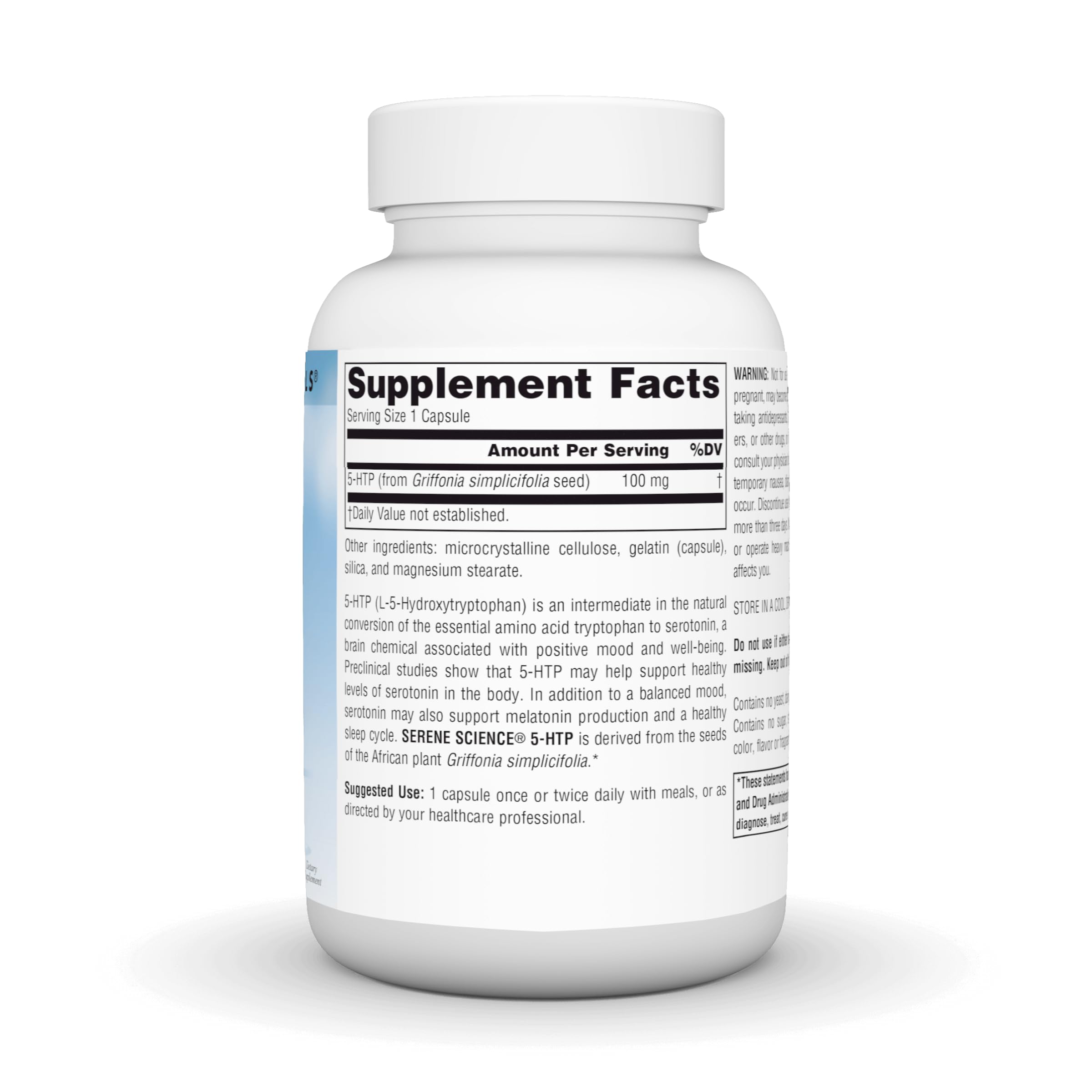 Close-up of Serene Science 5-HTP bottle label