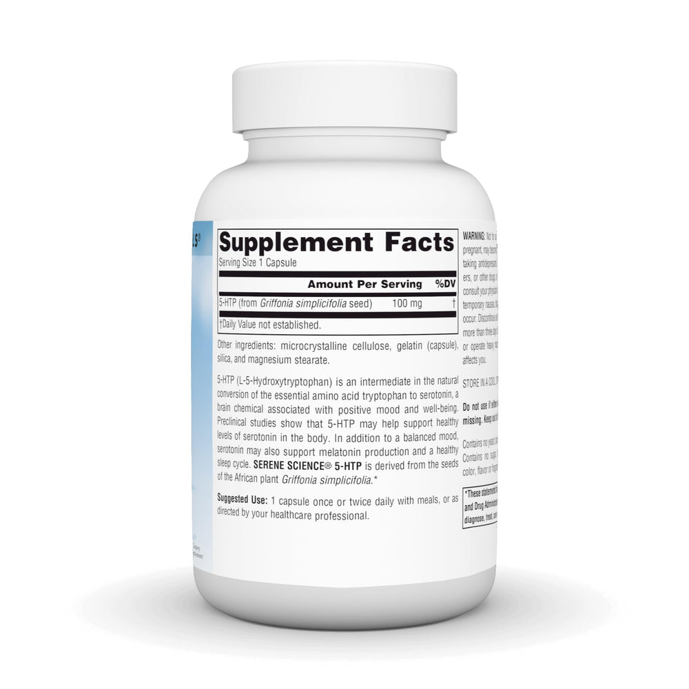 Close-up of Serene Science 5-HTP bottle label
