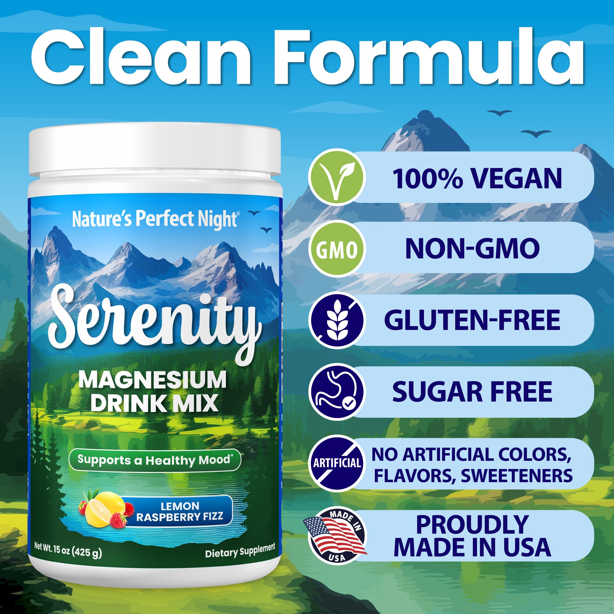 Clean label badges for gluten-free vegan non-GMO on Serenity packaging