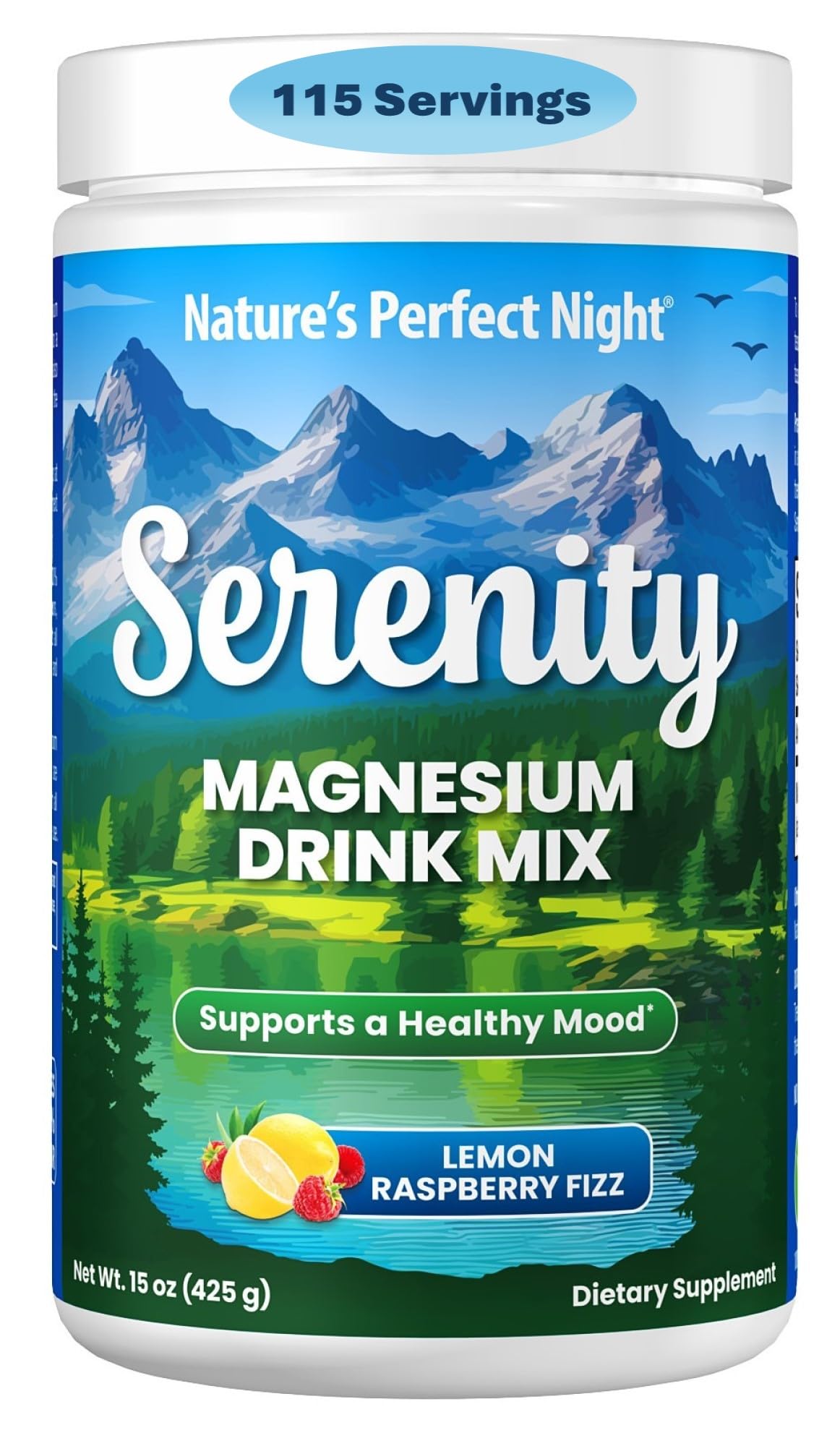 Front view of Serenity night magnesium drink mix bottle 15 oz
