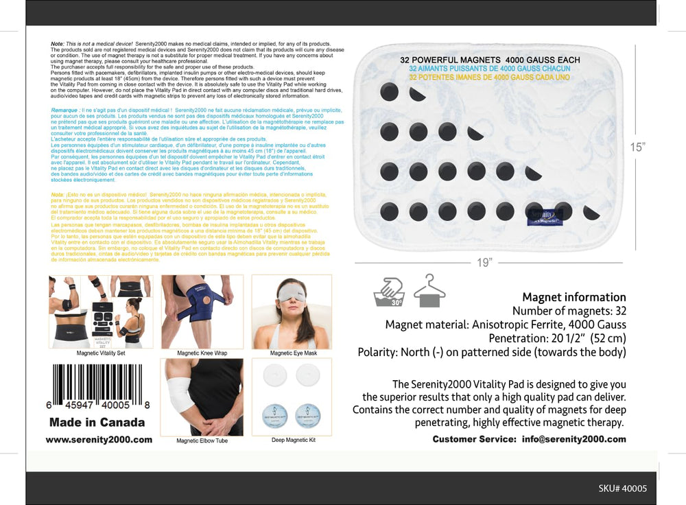 Serenity2000 back pad shown with dimensions 19x15 inches for broad coverage