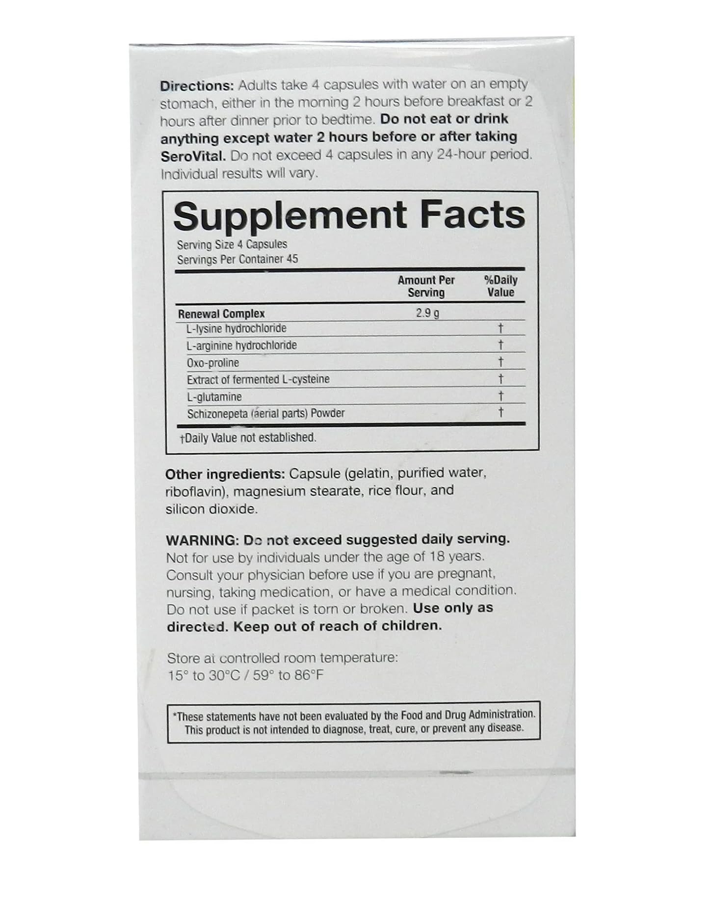 Close-up of key ingredients: l-lysine hydrochloride, l-arginine hydrochloride, oxo-proline, L-cysteine extract, L-glutamine, schizonepeta powder