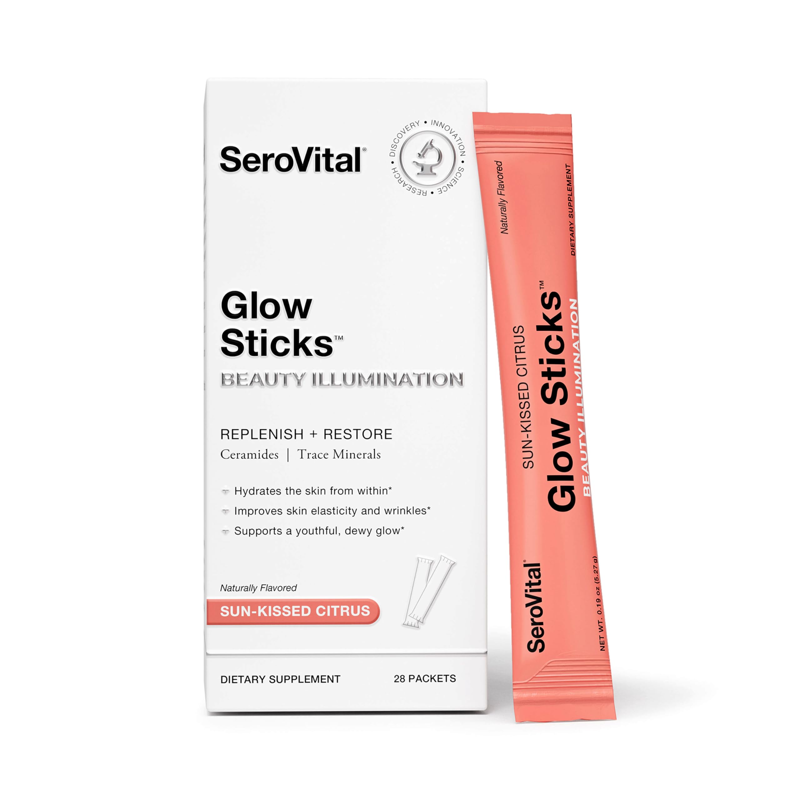 Front packaging of Serovital Glow Sticks Sun-Kissed Citrus 28 packets