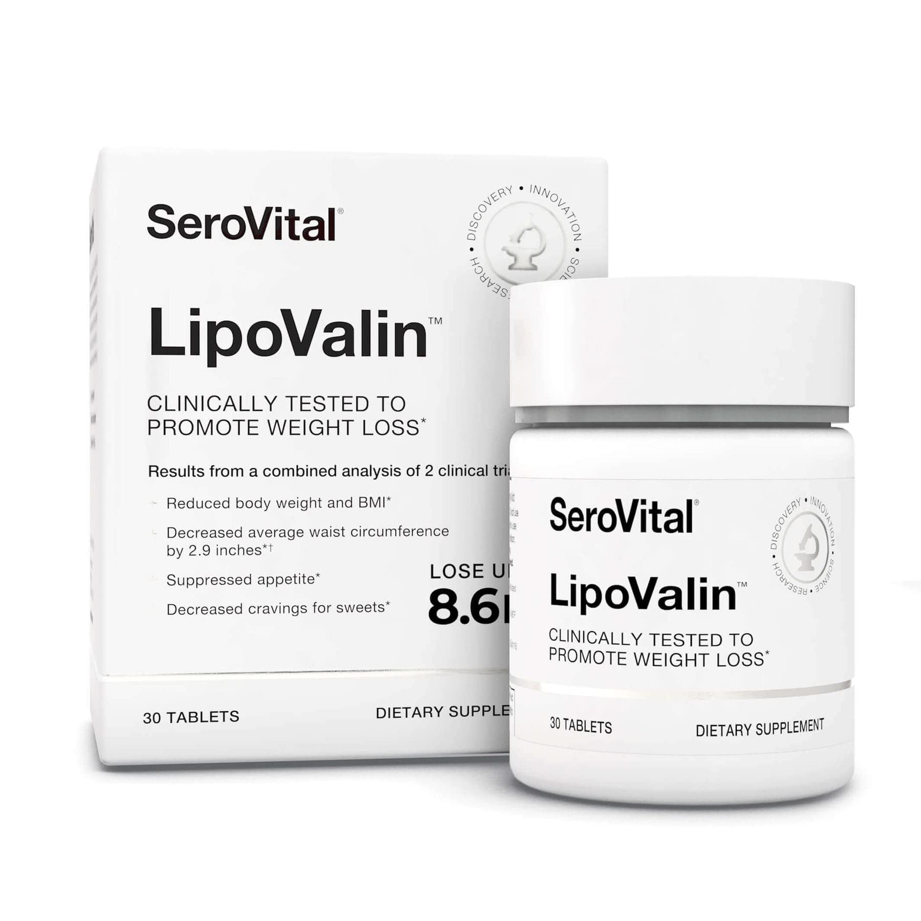 Serovital LipoValin bottle closeup showing stimulant-free appetite control support.