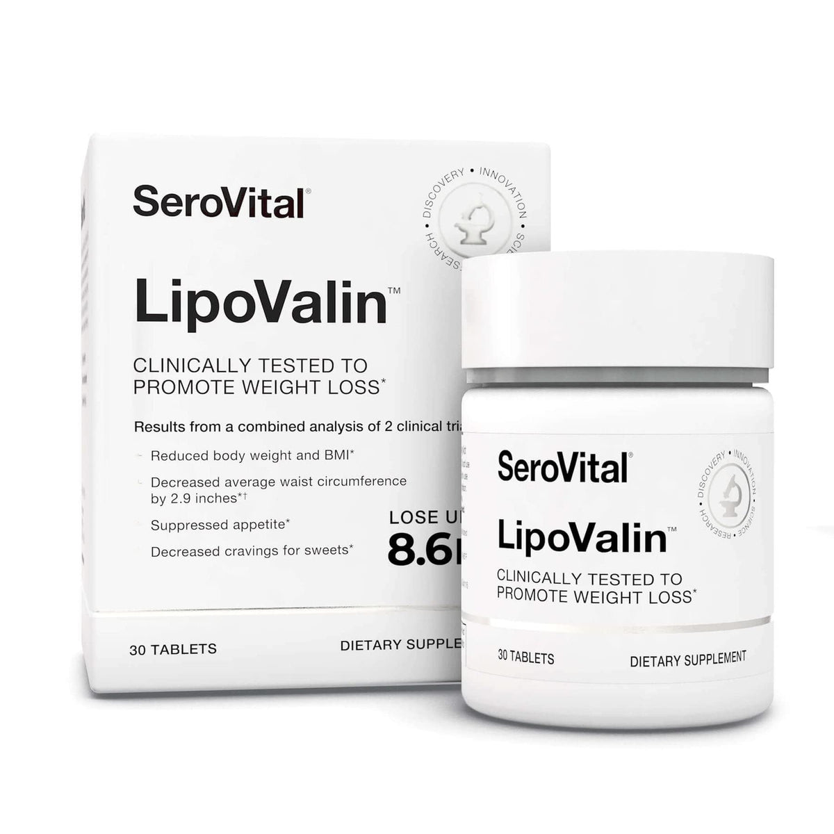Serovital LipoValin bottle closeup showing stimulant-free appetite control support.