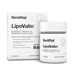 Serovital LipoValin bottle closeup showing stimulant-free appetite control support.