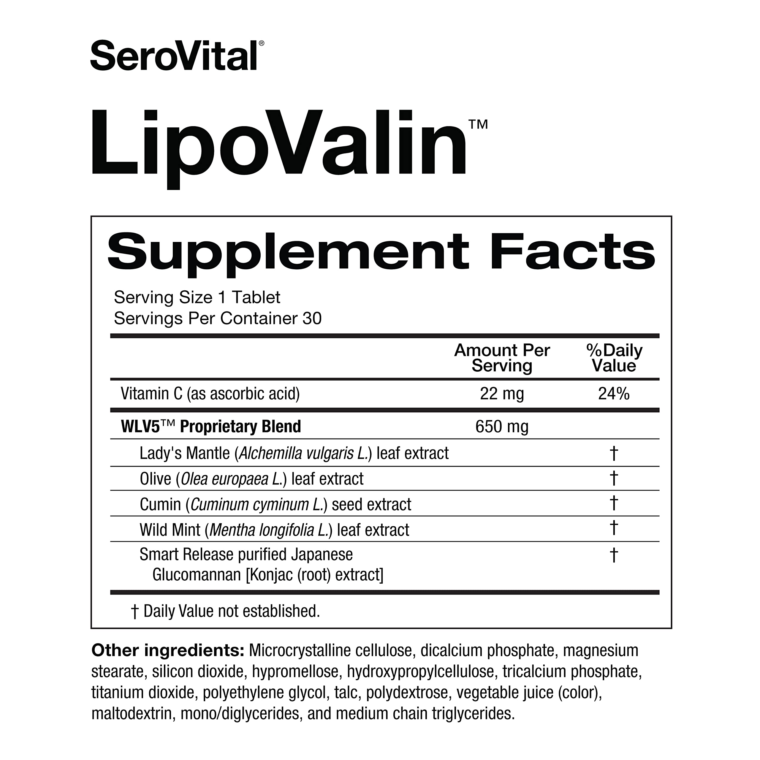 Serovital LipoValin supplement facts panel with clinical data on weight loss.