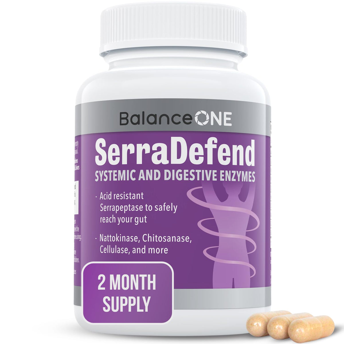 SerraDefend bottle label highlighting biofilm defense formula with Serrapeptase