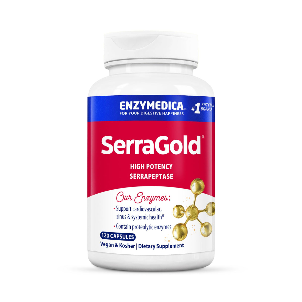 SerraGold high-potency serrapeptase bottle with Enzymedica branding