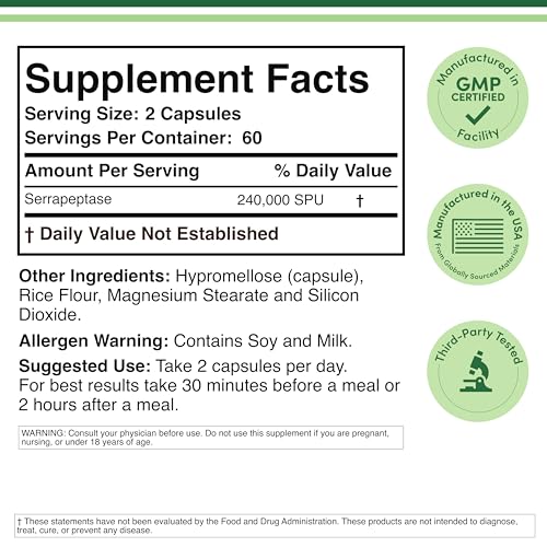 Close-up of Serrapeptase bottle label showing 240,000 SPU potency