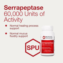 Serrapeptase bottle highlighting respiratory support benefit