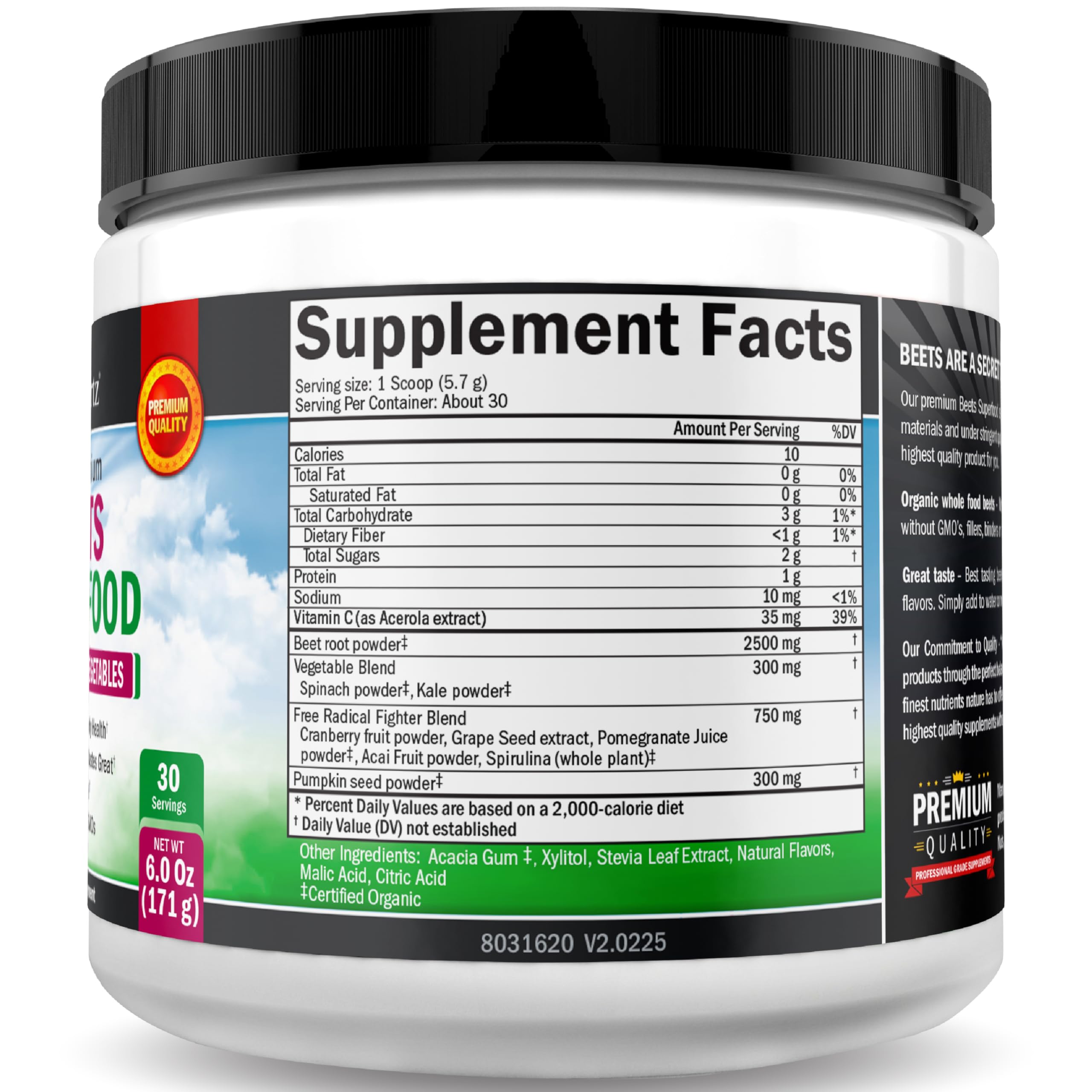 Serving idea with a glass and scoop of beet root powder