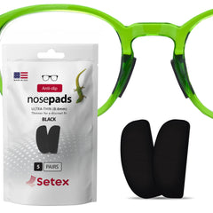 Setex Gecko Grip Ultra-Thin 0.6mm anti-slip nose pads on plastic eyeglasses, black, 5 pairs