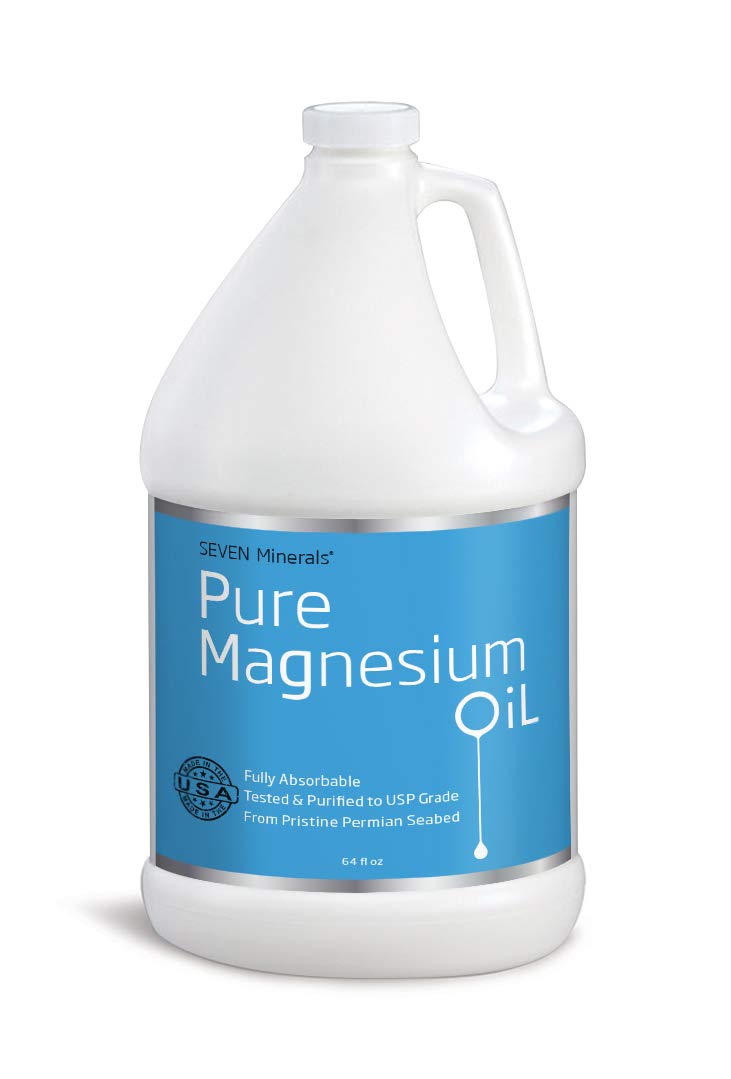 Seven Minerals Pure Magnesium Oil 64 oz bottle for easy topical use and nightly relaxation.