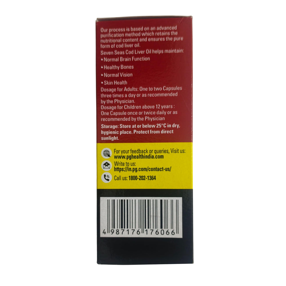 Front view of Seven Seas Cod Liver Oil 500-capsule bottle