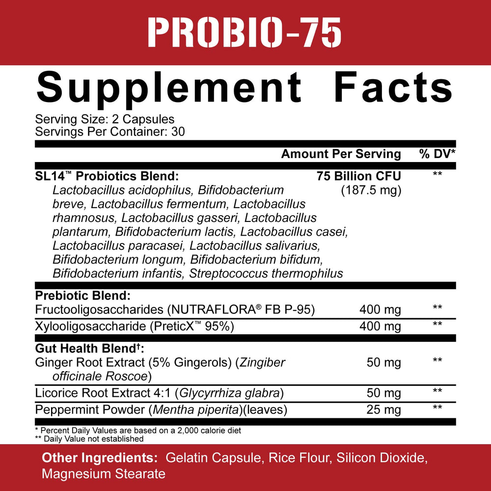 Label showing 75 billion CFUs of probiotic strains per serving