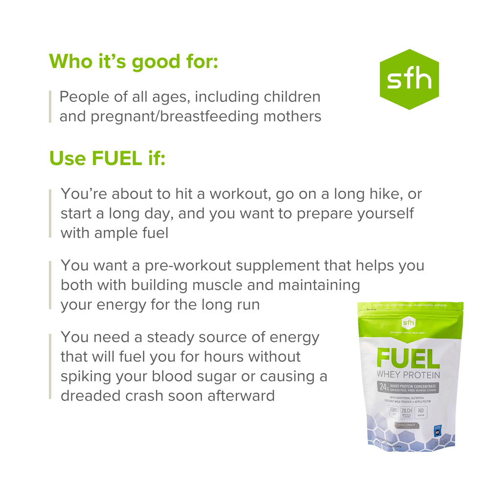 SFH Fuel 2lb bag resting on kitchen counter for daily protein support.