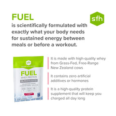 SFH Fuel ingredients panel shows soy and gluten-free, no artificial flavors.