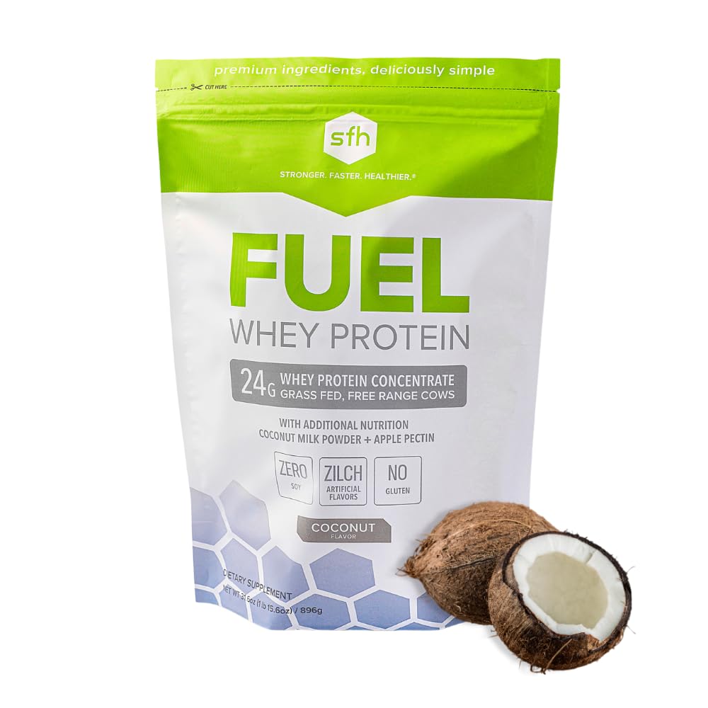 SFH Fuel whey protein bottle shows grass-fed cows for clean energy on the go.