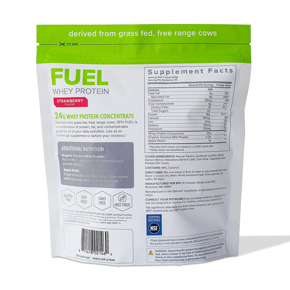 SFH Fuel whey protein shake glass for quick on-the-go protein.