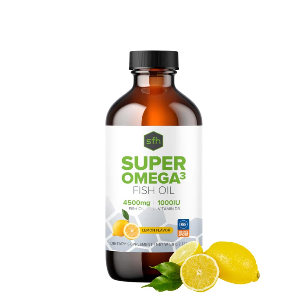 SFH Super Omega-3 Lemon Fish Oil Liquid bottle with Vitamin D3, 8oz