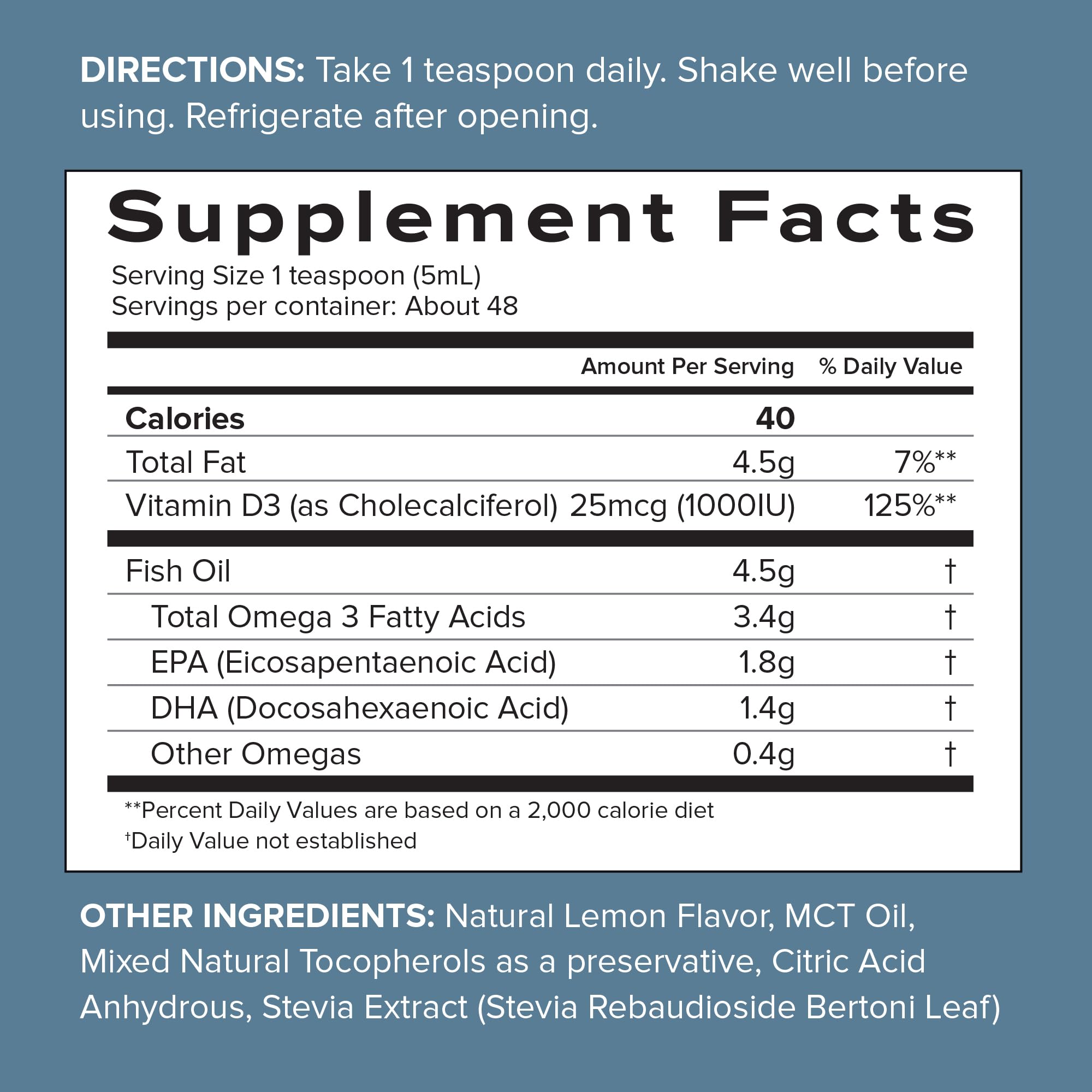 Spoon dispensing lemon-flavored Omega-3 liquid