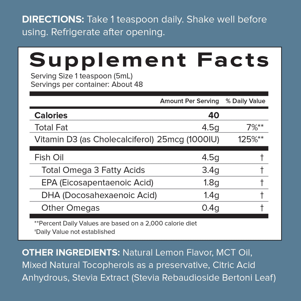 Spoon dispensing lemon-flavored Omega-3 liquid